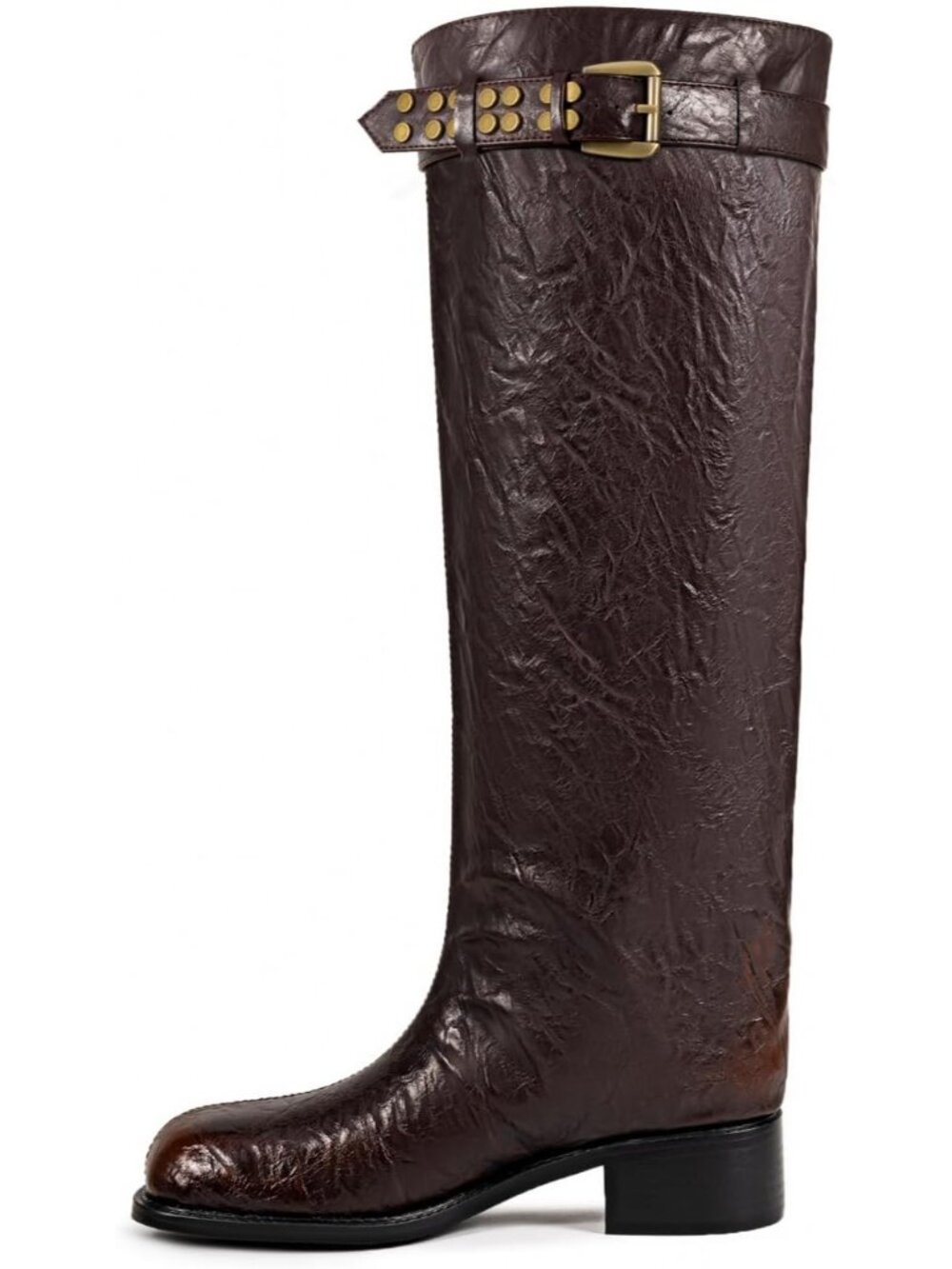 Women Crinkled Brown Vintage Wide Calf Knee High Boots Square Toe Low Block Heel